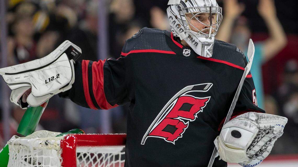 Carolina Hurricanes goalie Pyotr Kochetkov enters the game after starter Antii Raanta (32) was injured in the first period against Boston on Wednesday, May 4, 2022 during game two of their Stanley Cup first round series at PNC Arena in Raleigh, N.C. 