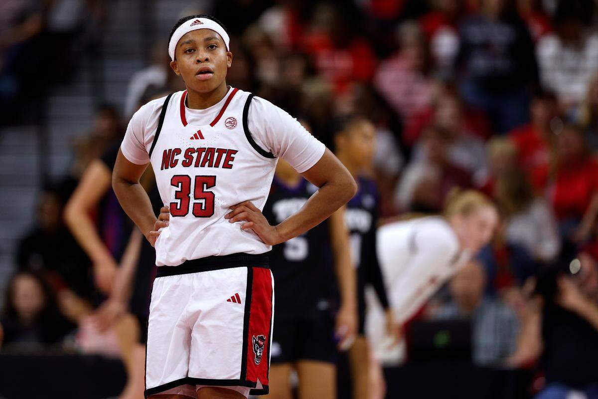 Zoe Brooks of N.C. State reacts after a foul call against a teammate in the first half against TCU at Reynolds Coliseum on Nov. 16, 2025 in Raleigh, North Carolina.