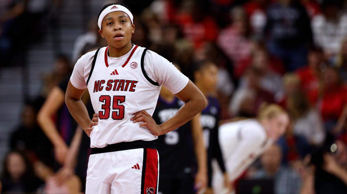 Zoe Brooks of N.C. State reacts after a foul call against a teammate in the first half against TCU at Reynolds Coliseum on Nov. 16, 2025 in Raleigh, North Carolina.