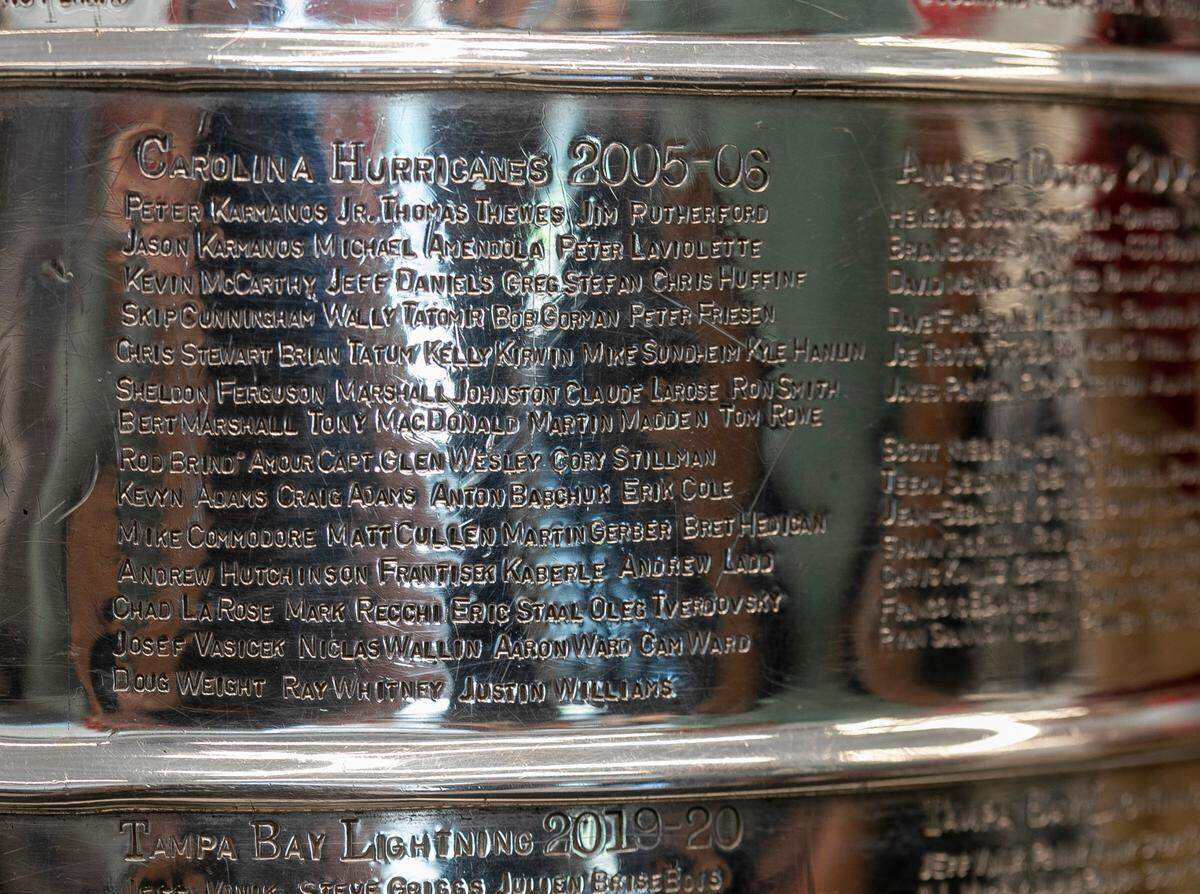 The names of the Carolina Hurricanes from their 2005-06 Stanley Cup Championship are shown engraved on the cup during a stop at The News & Observer on Wednesday, May 10, 2023 in Raleigh, N.C.