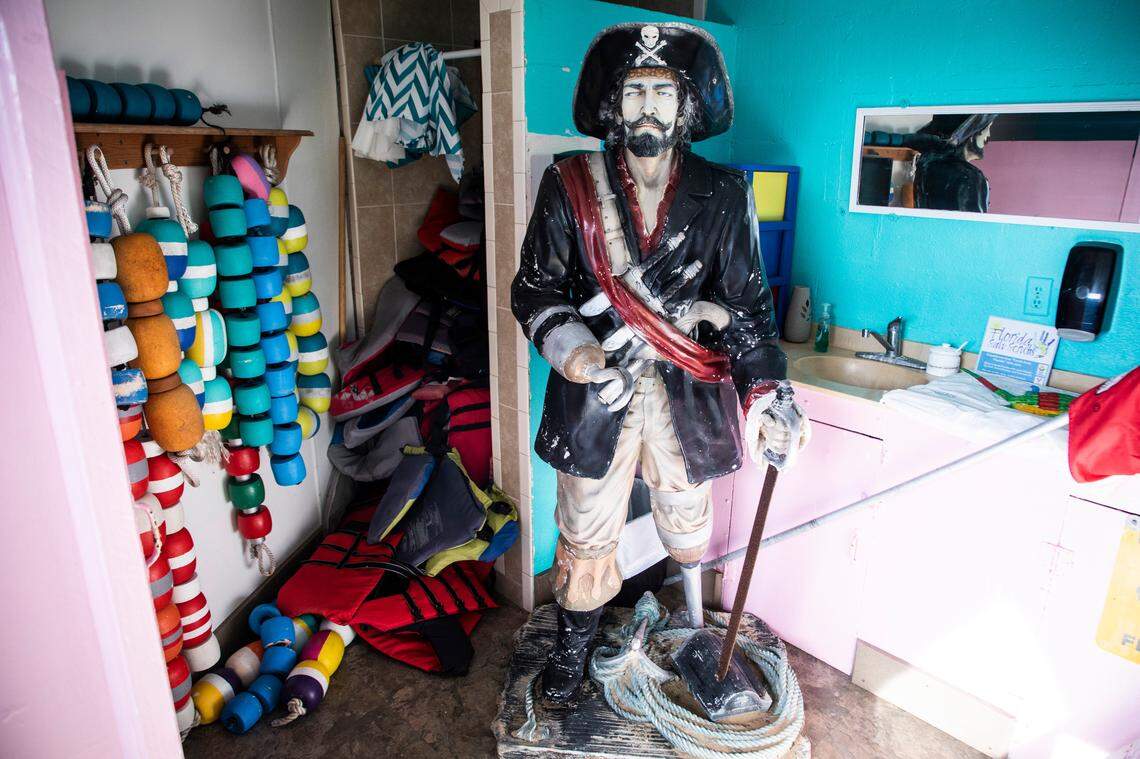 The owners of Island Water Sports Rentals in Emerald Isle, NC place their decorative pirate in their business’s bathroom either when their season ends or a storm is coming. The pirate, pictured here on Tuesday, Sept. 3, 2019, was moved inside in preparation for the arrival of Hurricane Dorian.
