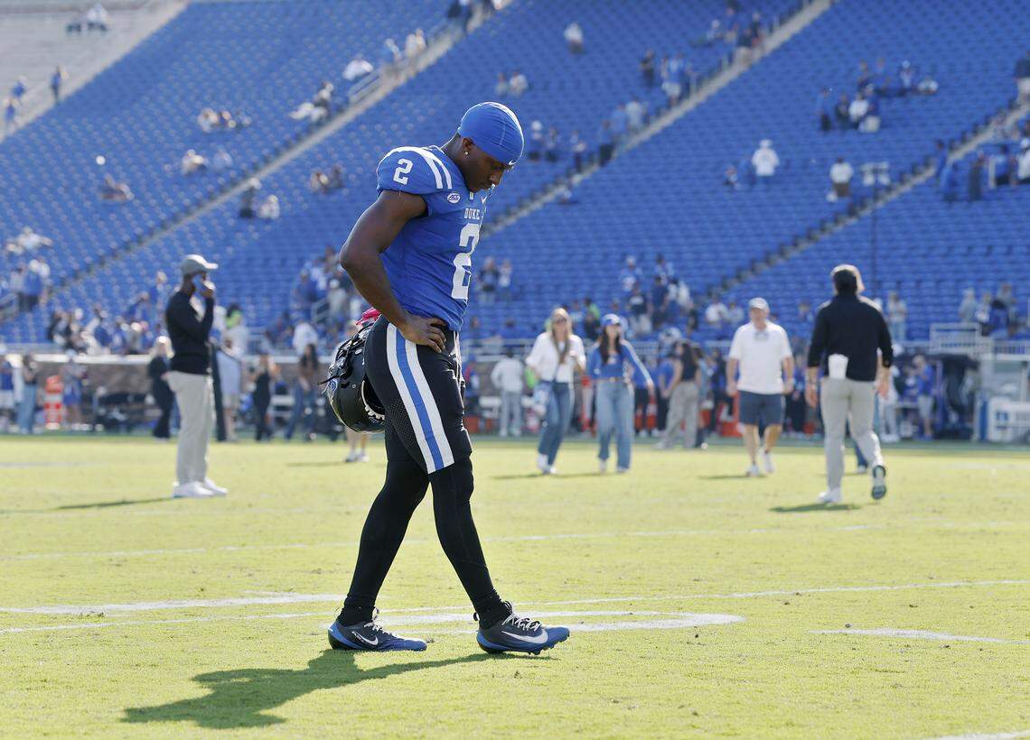 Duke wide receiver Sahmir Hagans walks off the field following the Blue Devils’ 27-18 loss to Georgia Tech on Saturday, Oct. 18, 2025, at Wallace Wade Stadium in Durham, N.C.