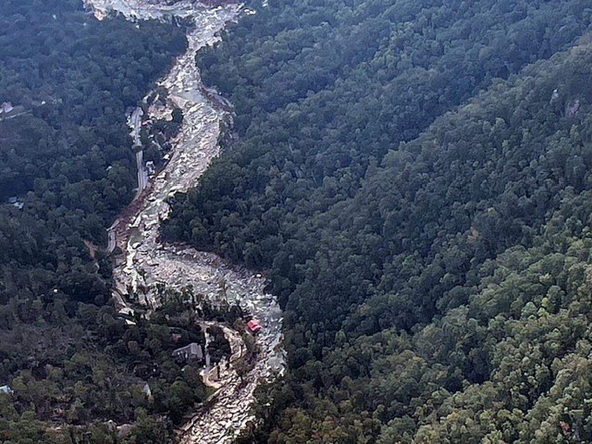 An aerial view of some of the devastation left after Helene’s floodwaters rushed down the Broad River in the area of Chimney Rock, N.C. Photographed, Friday, October. 4, 2024.