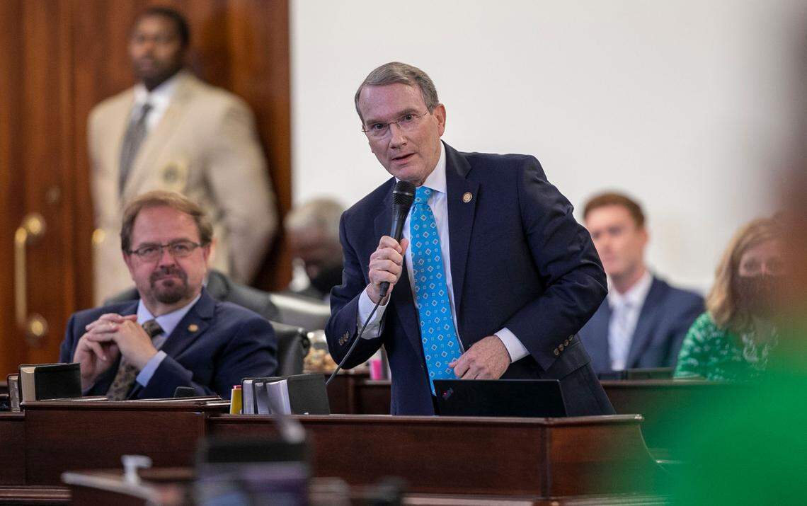 Senator Paul Newton has an exchange with Senator Gladys Robinson during debate of HB 324 on the Senate floor on Thursday, August 26, 2021 in Raleigh, N.C. Newton supported the bill, which passed and set new rules on how schools can teach about racism.