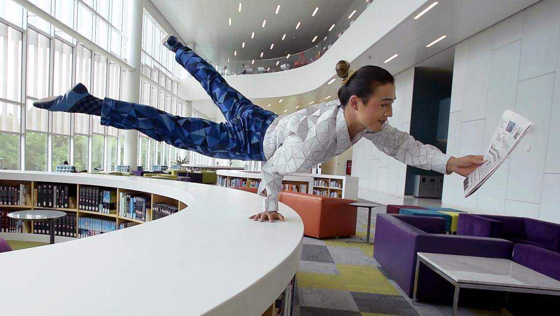 Lkhagva-Ochir, a member of the cast of the new Cirque Du Soleil show “Crystal” poses for publicity photos at the Hunt Library on the campus of NC State University, Thursday, July 31, 2018.  Ochir is a former member of the Mongolian Circus and performs a chair balancing act in “Crystal”, Cirque Du Soleil’s first venture into ice shows. The troupe will make a stop at the PNC Arena in Raleigh Aug.15-19.