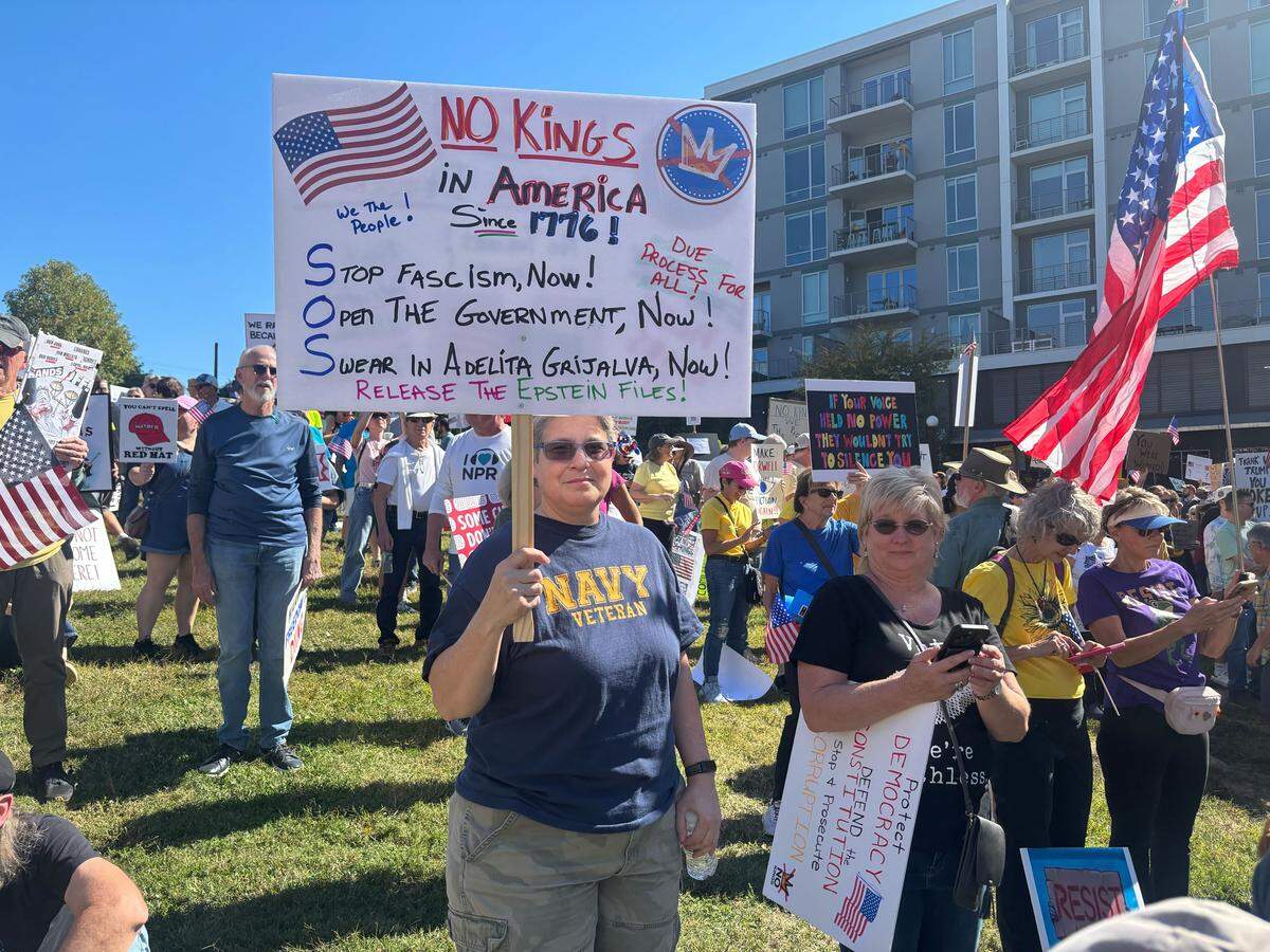 Cassie Little, a Navy veteran, drove down from Creedmoor, NC to attend Durham protest:“My freedom of speech. I gotta fight this fascism. I'm a Navy veteran. I didn't take an oath to a king. I took an oath to a constitution.”