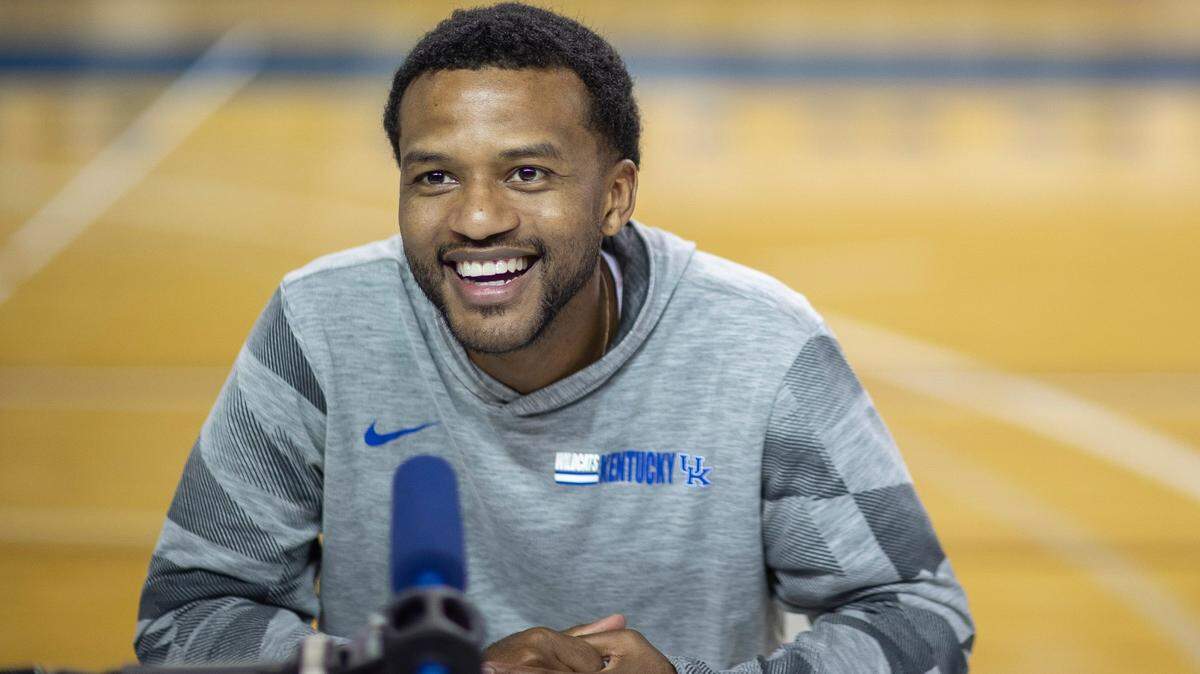 Assistant coach and recruiting coordinator Jai Lucas speaks to reporters during the University of Kentucky men’s basketball Media Day at Memorial Coliseum in Lexington, Ky., on Wednesday, Oct. 20, 2021.