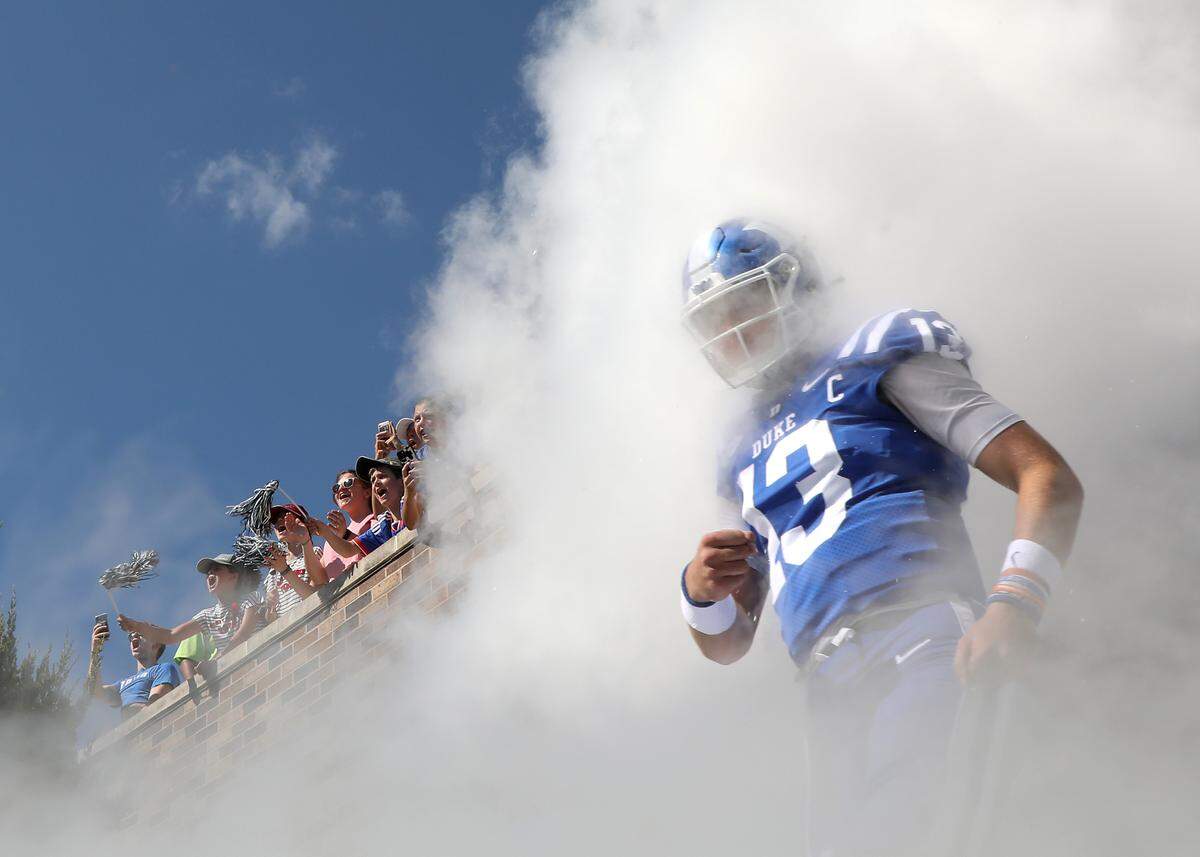 Fans cheer as Duke quarterback Riley Leonard takes the field prior to the Blue Devils’ 38-14 win over Northwestern on Saturday, Sept. 16, 2023, at Wallace Wade Stadium in Durham, N.C.