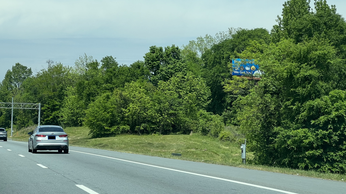 A partially-obscured billboard along Interstate 77 north of Charlotte. The North Carolina House has approved a bill that would allow billboard companies to cut more trees to make their signs visible from the road.