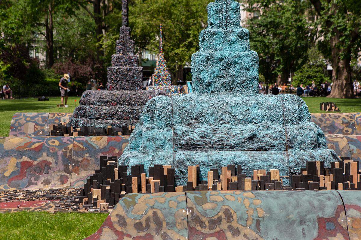 Leonardo Drew, “City in the Grass,” is a massive outdoor sculpture made of wood, cotton, canvas, paper and steel. It was first exhibited in 2019 at Madison Square Park in New York City. It will be assembled at the N.C. Museum of Art in Raleigh, NC.