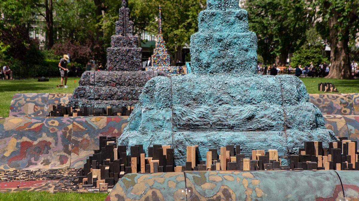 Leonardo Drew, “City in the Grass,” is a massive outdoor sculpture made of wood, cotton, canvas, paper and steel. It was first exhibited in 2019 at Madison Square Park in New York City. It will be assembled at the N.C. Museum of Art in Raleigh, NC.
