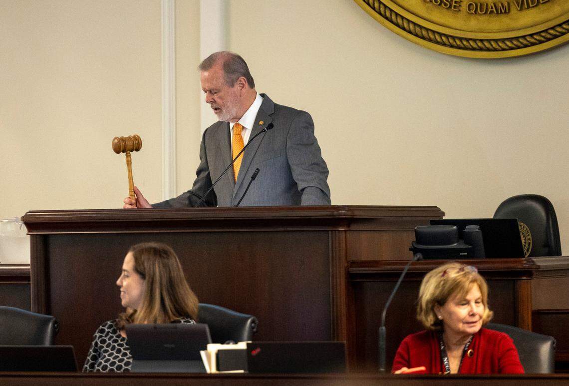 Sen. leader Phil Berger gavels out the Senate session after a final vote on the state budget bill Friday, Sept. 22, 2023 on the Senate Floor of the General Assembly. The bill passed the Republican-controlled General Assembly on Friday after a final Senate vote.