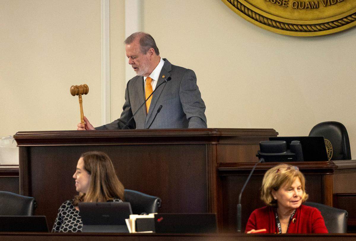 Sen. leader Phil Berger gavels out the Senate session after a final vote on the state budget bill Friday, Sept. 22, 2023 on the Senate Floor of the General Assembly. The bill passed the Republican-controlled General Assembly on Friday after a final Senate vote.