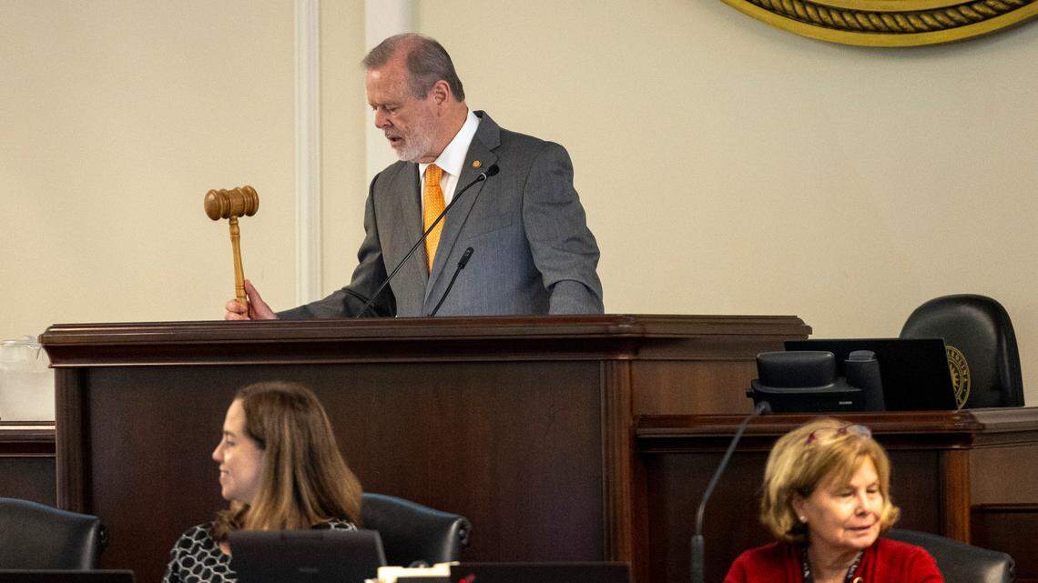 Senate leader Phil Berger gavels out the Senate session after a final vote on the state budget bill Friday, Sept. 22, 2023 on the Senate floor of the General Assembly.