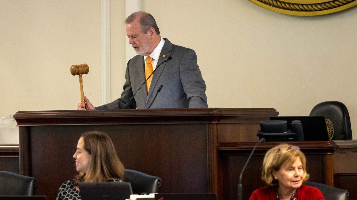 Senate leader Phil Berger gavels out the Senate session after a final vote on the state budget bill Friday, Sept. 22, 2023 on the Senate floor of the General Assembly.