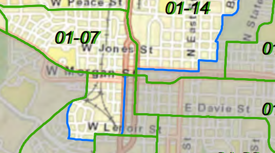 The downtown Raleigh portion of NC House District 34 as it looked from the 2012 elections until 2017.
