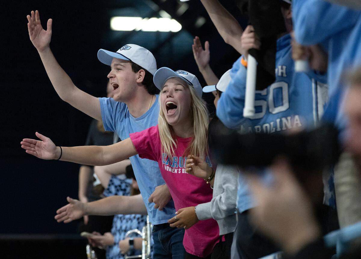North Carolina fans react during the second half of the Tar Heels’ 53-46 overtime victory over Duke on Thursday, Jan. 9, 2025, at Carmichael Arena in Chapel Hill, N.C.