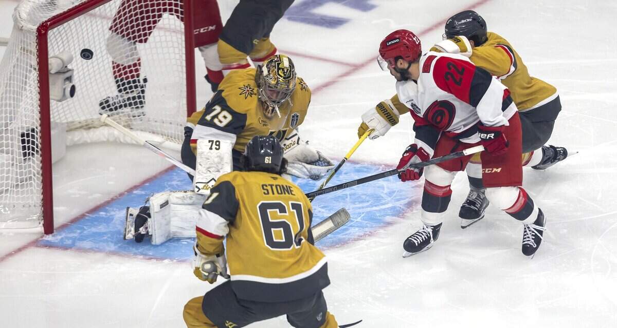 Carolina Hurricanes center Logan Stankoven (22) scores on Vegas goalie Carter Hart (79) to take a 1-0 lead in the first period in Game 4 of the Stanley Cup Final against Vegas, on Tuesday, June 9, 2026 in Las Vegas, NV
