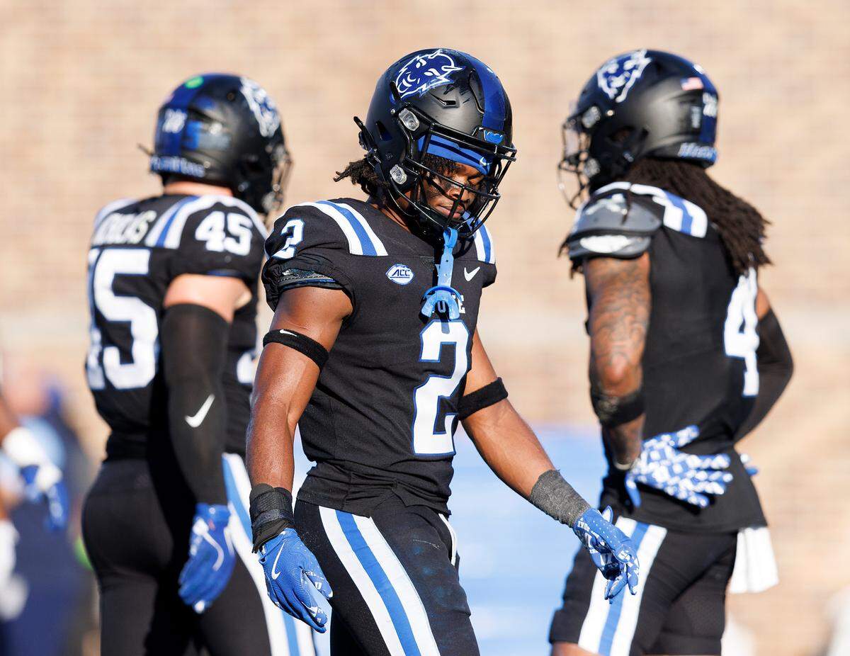Duke’s Jaylen Stinson (2) reacts after a North Carolina touchdown to put the Tar Heels up 16-0 during the first half of the Blue Devils’ game on Saturday, Sept. 28, 2024, at Wallace Wade Stadium in Durham, N.C.