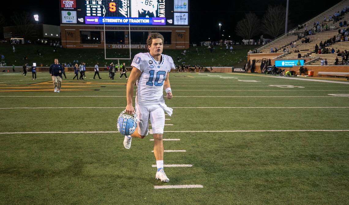 North Carolina quarterback Drake Maye (10) is the last to leave the field after doing a television interview following the Tar Heels’ 36-34 victory over Wake Forest on Saturday, November 12, 2022 at Truist Field in Winston-Salem, N.C. Maye passed from 448 yards and three touchdowns.