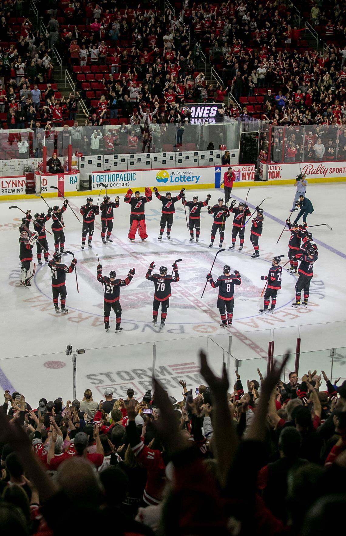 The Carolina Hurricanes celebrate their 3-2 overtime victory over Ottawa on Tuesday, April 4, 2023 at PNC Arena in Raleigh, N.C.