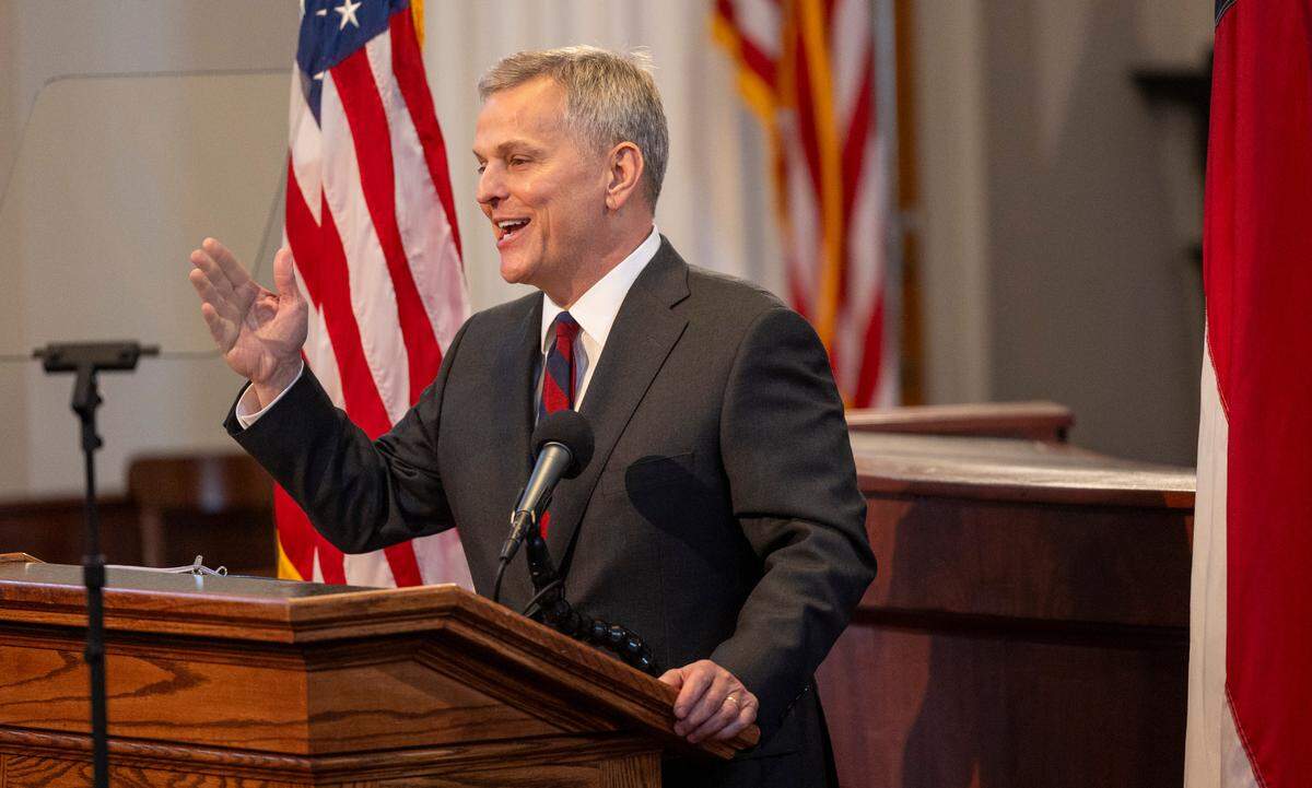 North Carolina Democratic Gov. Josh Stein delivers his inauguration address inside the House chamber of the historic State Capitol on Saturday, Jan. 11, 2025.