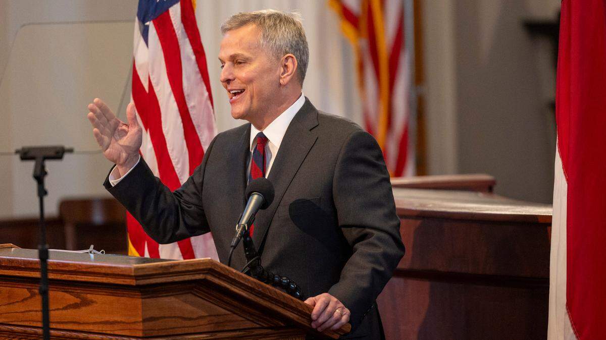 North Carolina Democratic Gov. Josh Stein delivers his inauguration address inside the House chamber of the historic State Capitol on Saturday, Jan. 11, 2025.