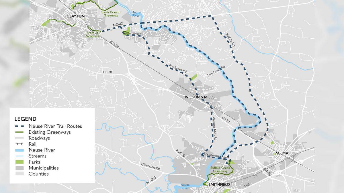 A study is underway to look at building a greenway trail in a 15-mile corridor along the Neuse River between Clayton and Smithfield in Johnston County. The map shows three potential routes -- two along roads and one along the river.