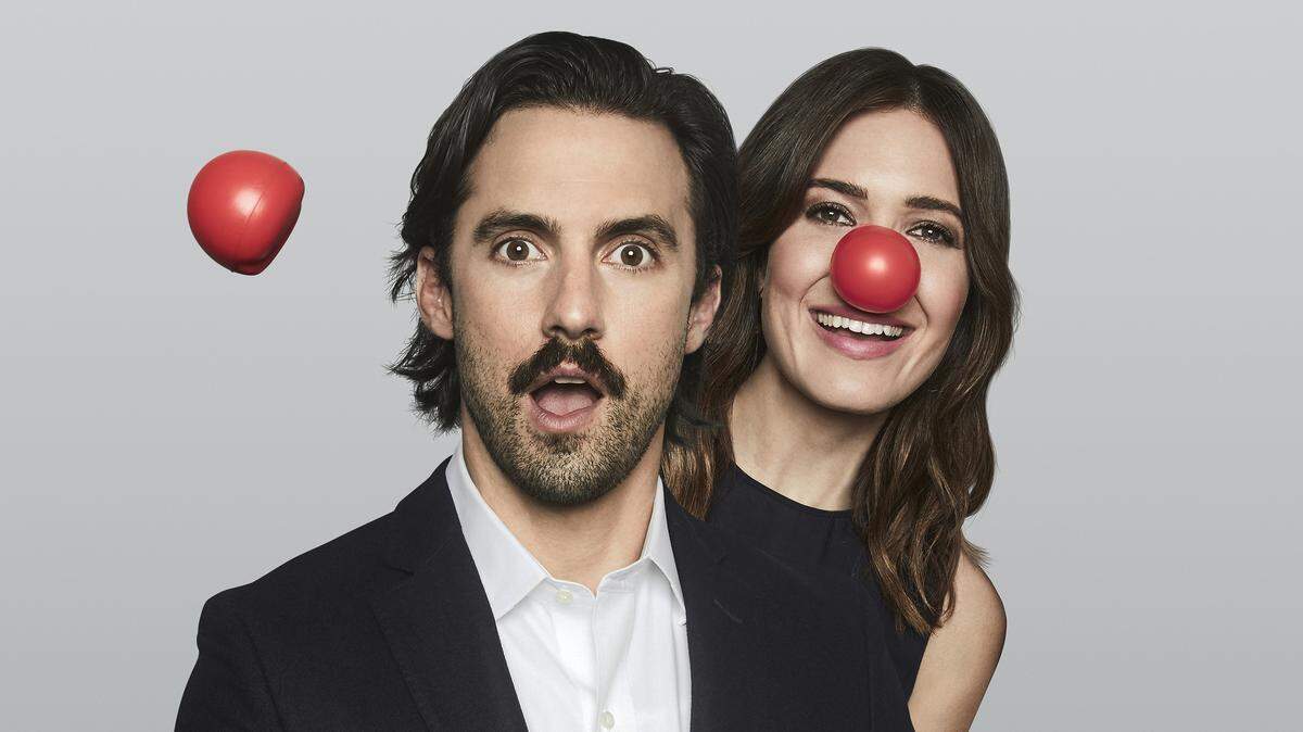 Milo Ventimiglia and Mandy Moore of NBC's "This Is Us" pose for a Red Nose Day publicity photo.