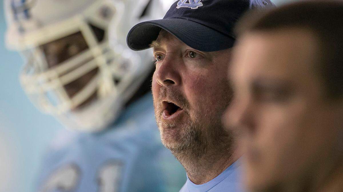 North Carolina run game coordinator and tight ends coach Freddie Kitchens watches the Tar Heels’ football practice on Tuesday, March 7, 2023 in Chapel Hill, N.C.