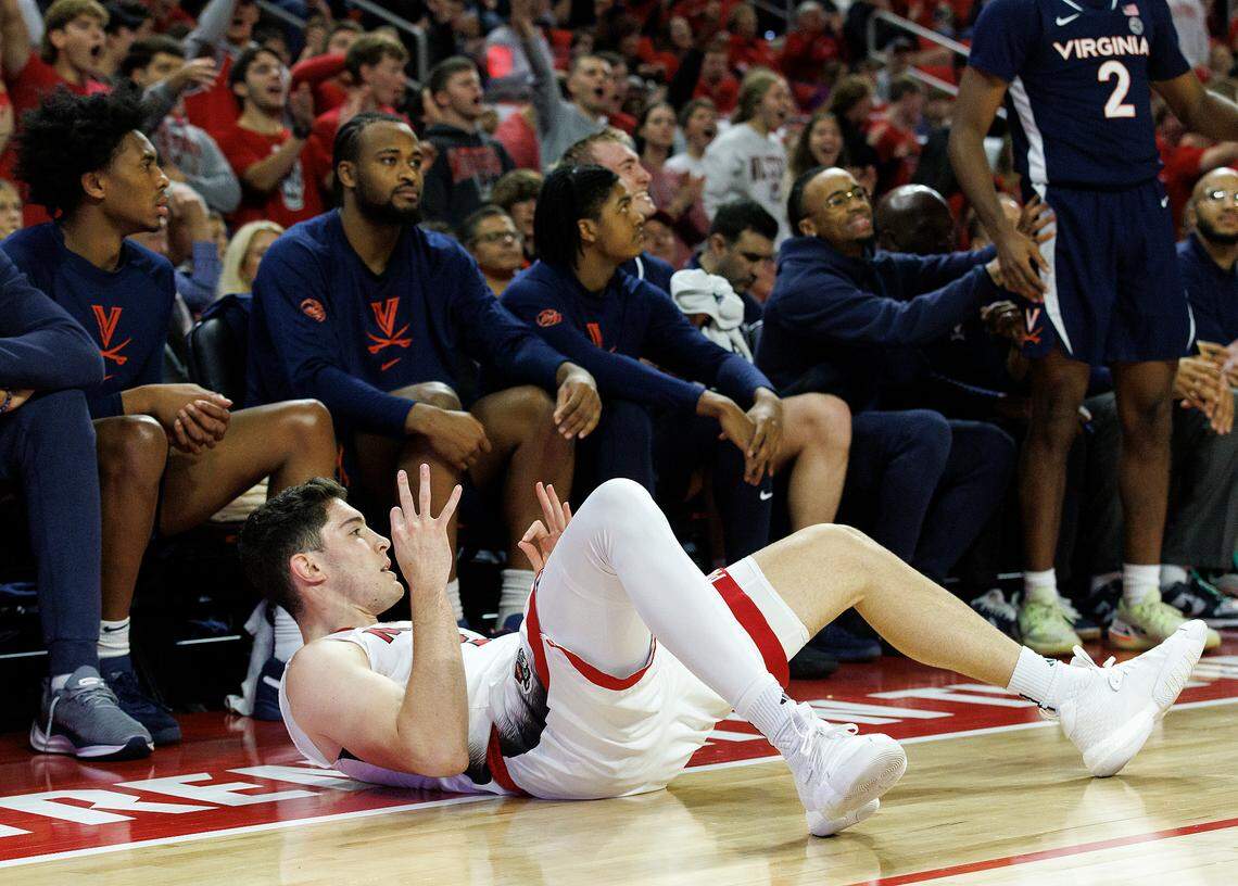 N.C. State’s Michael O’Connell reacts after being fouled and making a three-point basket during the first half of the Wolfpack’s 76-60 win over Virginia on Saturday, Jan. 6, 2024, at PNC Arena in Raleigh, N.C.