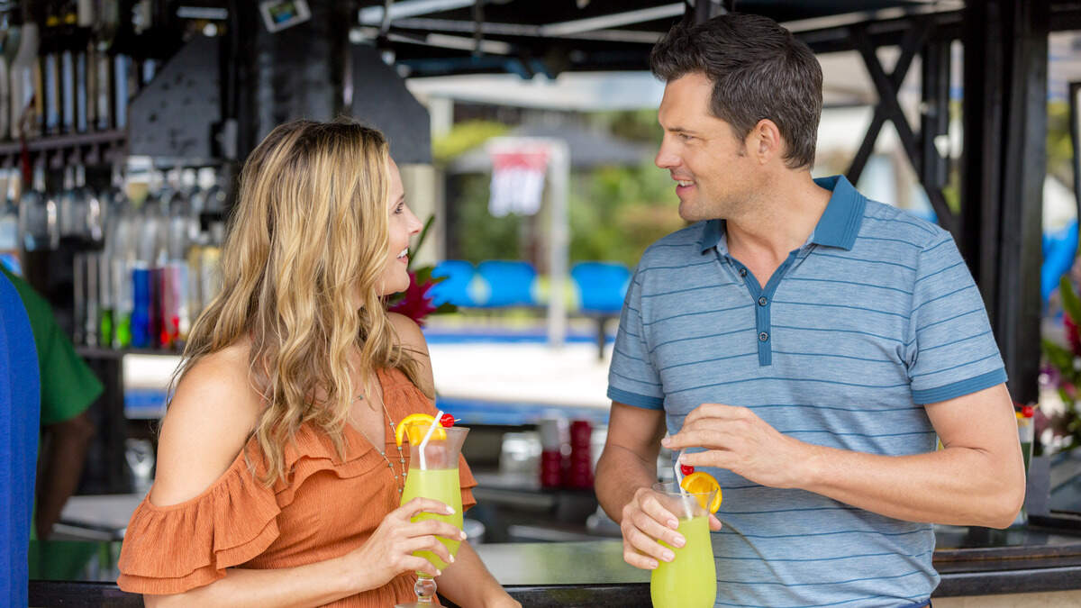 Jill Wagner, left, and Kristoffer Polaha in Hallmark’s “Pearl of Paradise.”