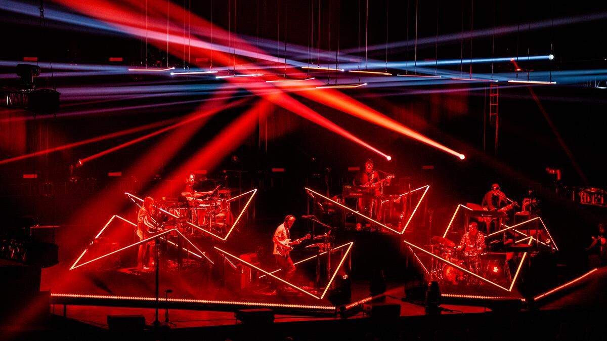Bon Iver performing in Chicago on Oct. 4. Jenn Wasner and Matt McCaughan are on the left side of the stage. Bon Iver will perform at Raleigh’s PNC Arena on Oct. 19.