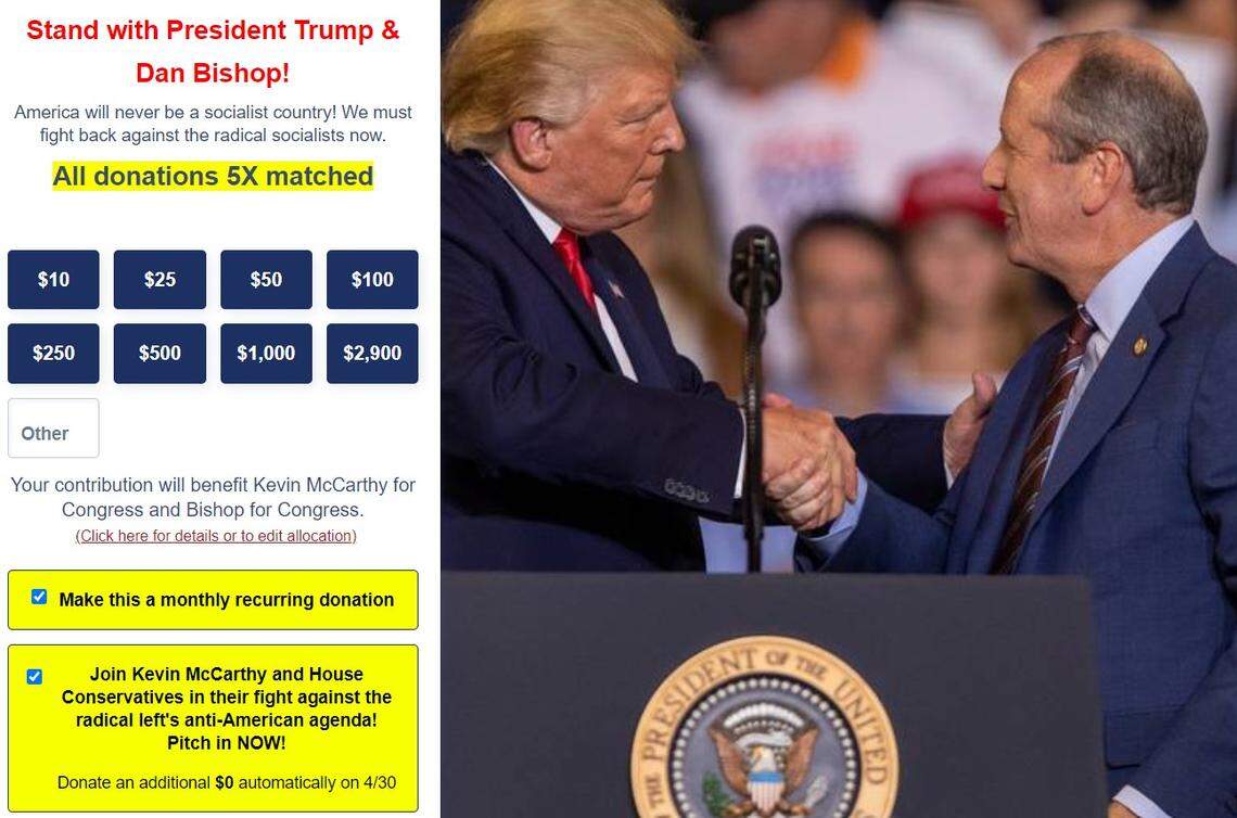 This screengrab of a WinRed fundraising page for U.S. Rep. Dan Bishop and House Minority Leader Kevin McCarthy shows a checked box for recurring donations. McCarthy’s campaign posted the page.