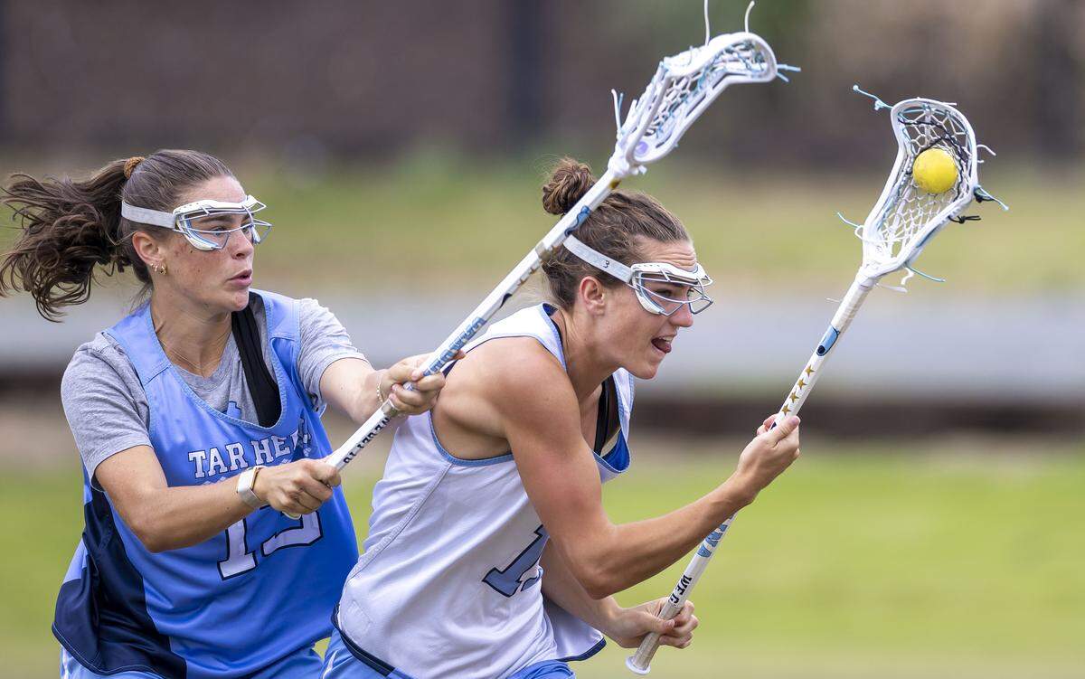 North Carolina midfielder Kate Levy (13) defends midfielder Eliza Osburn (15) during the Tar Heels’ practice on Wednesday, May 6, 2026 in Chapel Hill, N.C.