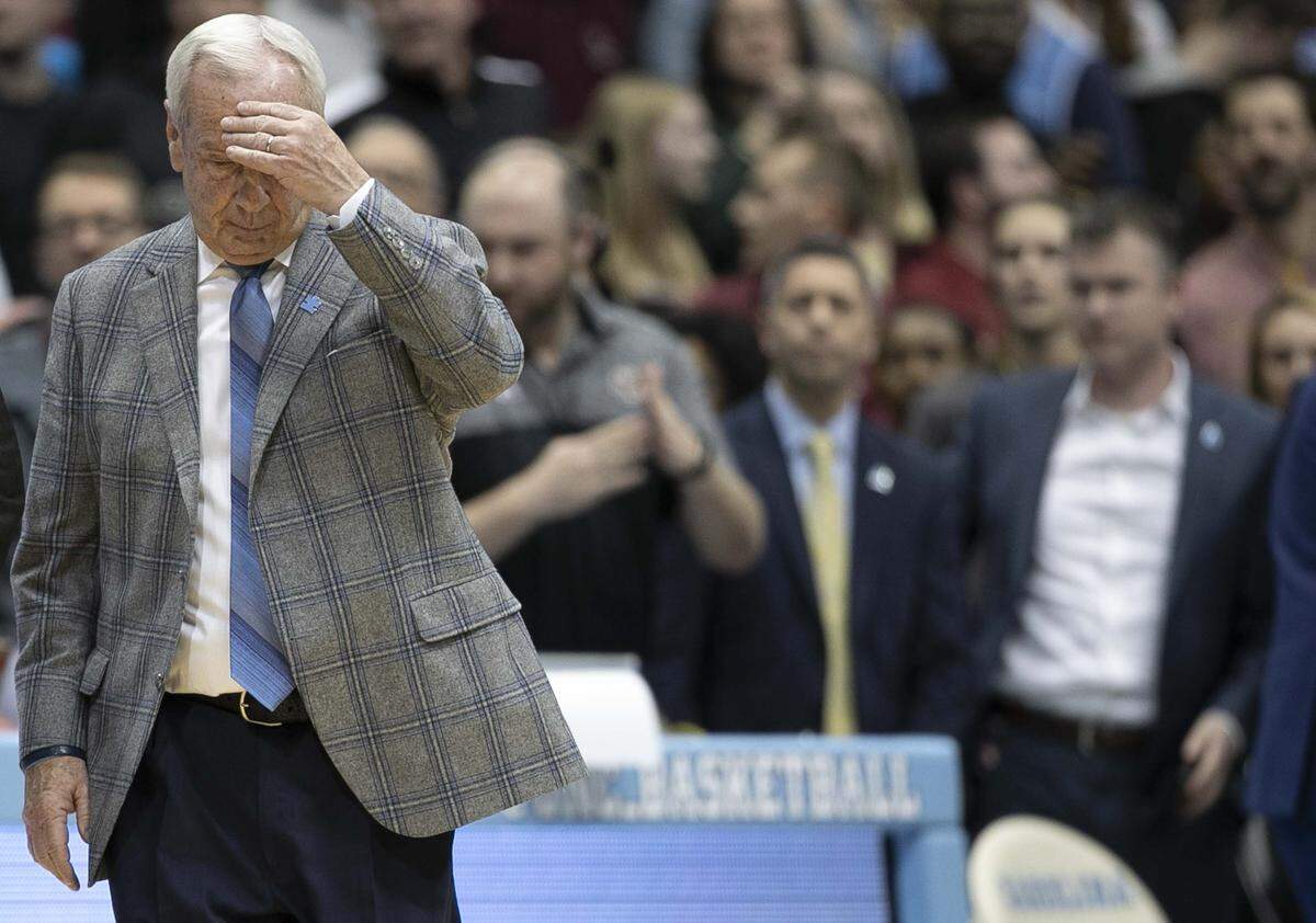 North Carolina coach Roy Williams leaves the court following the Tar Heels’ 71-70 loss to Boston College on Saturday, February 1, 2020 at the Smith Center in Chapel Hill, N.C.