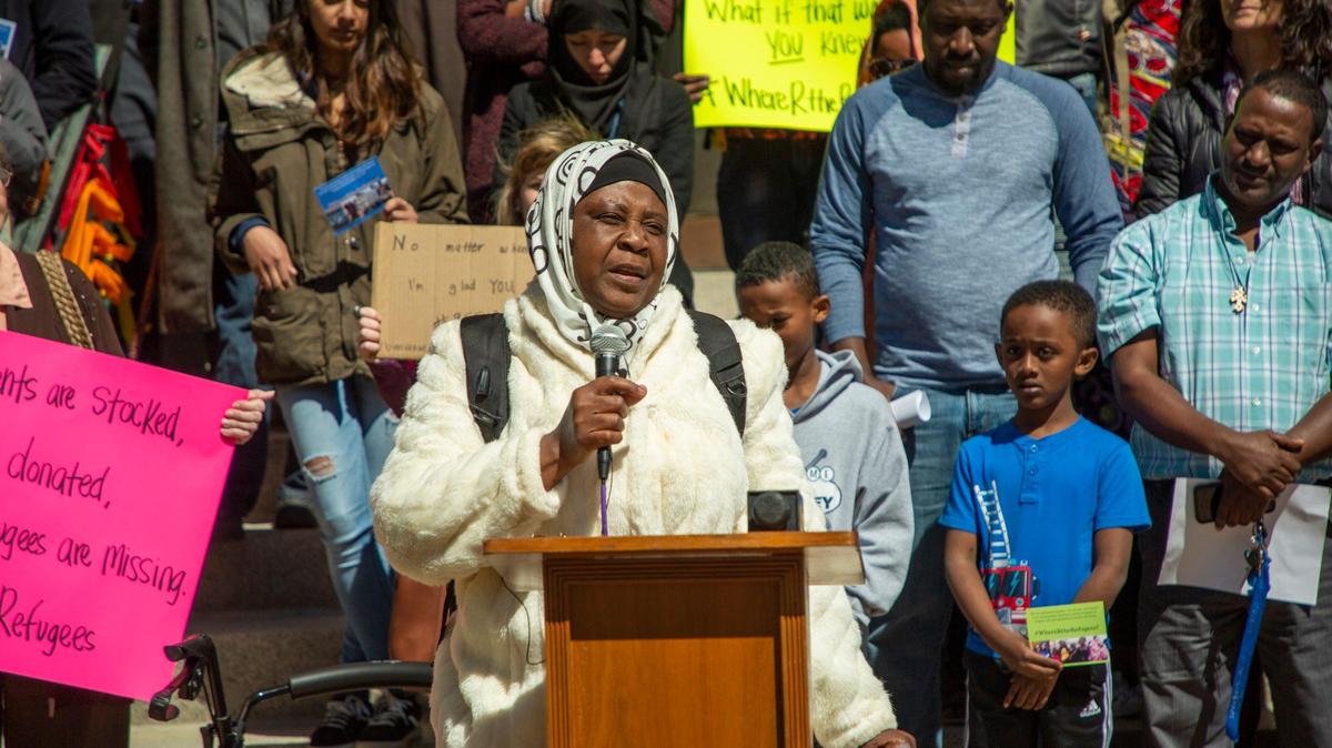 Fatuma Amisi, a refugee from the Democratic Republic of Congo, speaks during a press conference organized by Church World Service to call attention to the Trump administration’s reduction in funding for the US Refugee Resettlement Program, resulting in fewer refugees to be settled by the end of the fiscal year than the allotted 30,000, on Wednesday, Mar. 27, 2019, outside Duke Memorial United Methodist in Durham, NC.