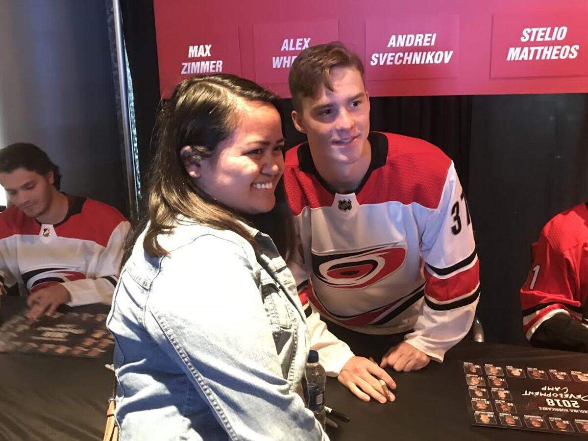 Andrei Svechnikov of the Carolina Hurricanes poses for photos at the team's Summerfest Celebration at PNC Arena on June 30, 2018.
