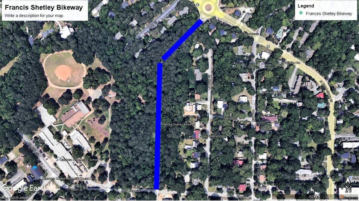 Carrboro police say the man who attacked a woman walking her dog early Thursday morning, Oct. 9, 2025, was along the Frances Shetley Bikeway (in blue) between North Greensboro and Shelton streets.