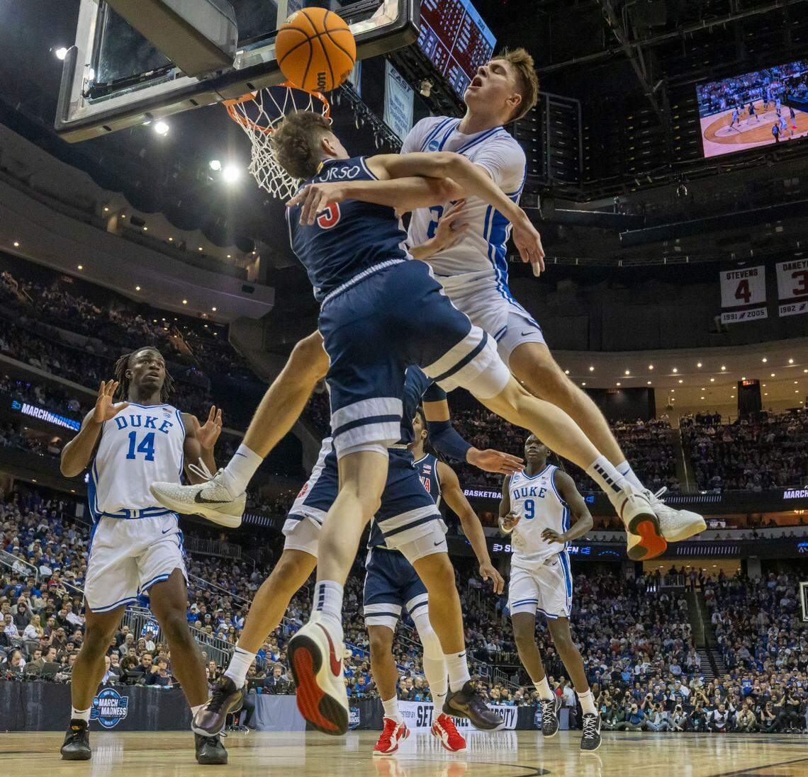 Arizona’s Anthony Dell’Orso (3) defends Duke forward Cooper Flagg (2) in the first half on Thursday, March 27, 2025 during the NCAA Sweet 16 at Prudential Center in Newark, NJ.