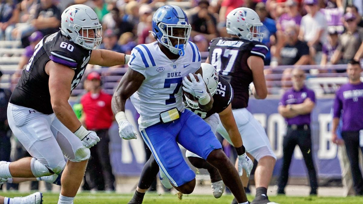 Duke running back Jordan Waters (7) runs for a touchdown against Northwestern during the first half of an NCAA college football game, Saturday, Sept.10, 2022, in Evanston, Ill.