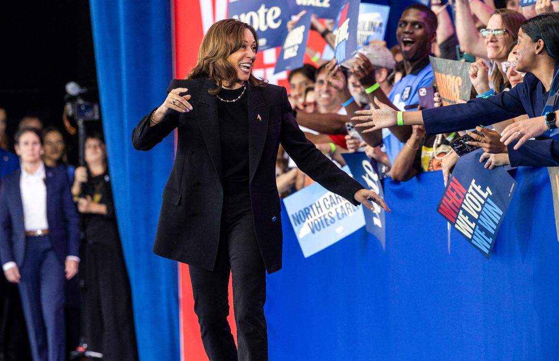Vice President Kamala Harris takes the stage during a rally at Coastal Credit Union Music Park at Walnut Creek in Raleigh on Wednesday, Oct. 30, 2024.
