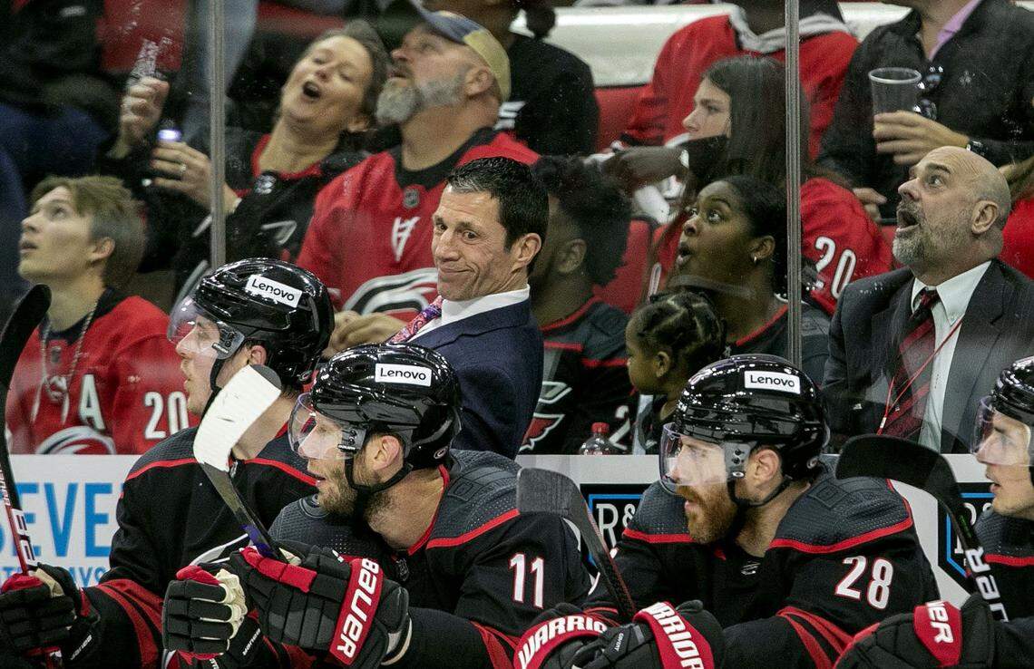 Carolina Hurricanesí coach Rod BrindíAmour reacts after a missed shot on a power play in the first period against Boston on Tuesday, May 10, 2022 during game five of their Stanley Cup first round series at PNC Arena in Raleigh, N.C.