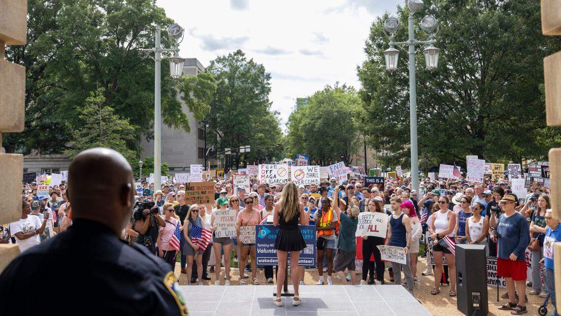 Anderson Clayton, chair of the NC Democratic Party, addresses the ‘No Kings’ rally at the North Carolina State Capital on Saturday, June 14, 2025 in Raleigh, N.C.