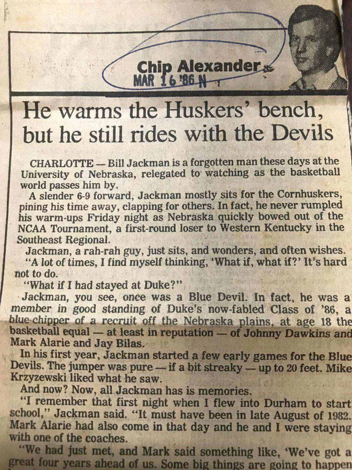 A 1986 News & Observer article about former Duke basketball player Bill Jackman.