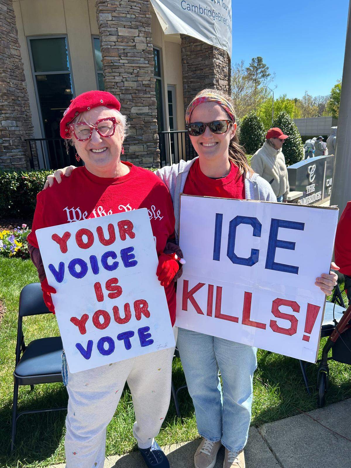 Melody and Elizabeth Kosowski formed a mother-daughter protest team at a senior citizens’ No Kings rally in North Raleigh.