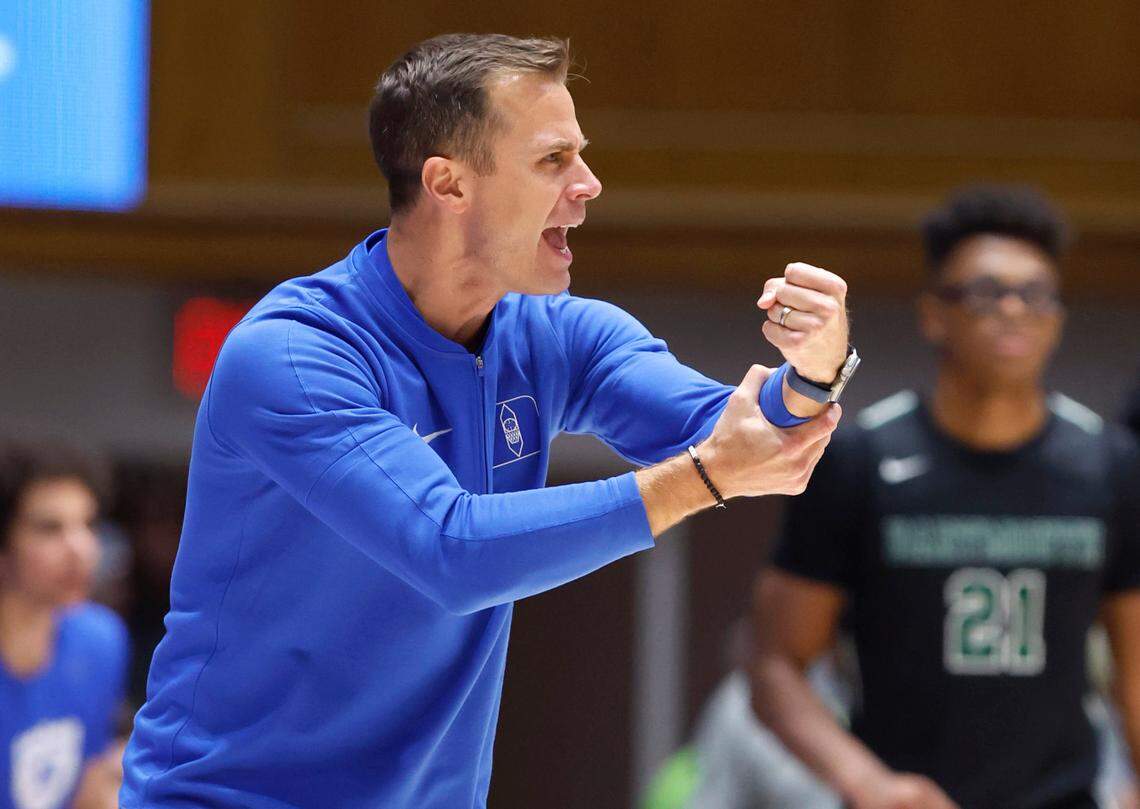 Duke head coach Jon Scheyer argues for a call during the first half of Duke’s game against Dartmouth at Cameron Indoor Stadium in Durham, N.C., Monday, Nov. 6, 2023.