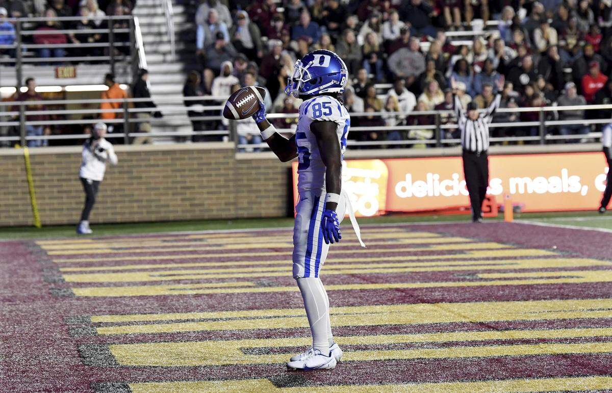 Duke wide receiver Sahmir Hagans stands in the end zone after scoring during the first half of an NCAA college football game against Boston College, Friday, Nov. 4, 2022 in Boston. (AP Photo/Mark Stockwell)