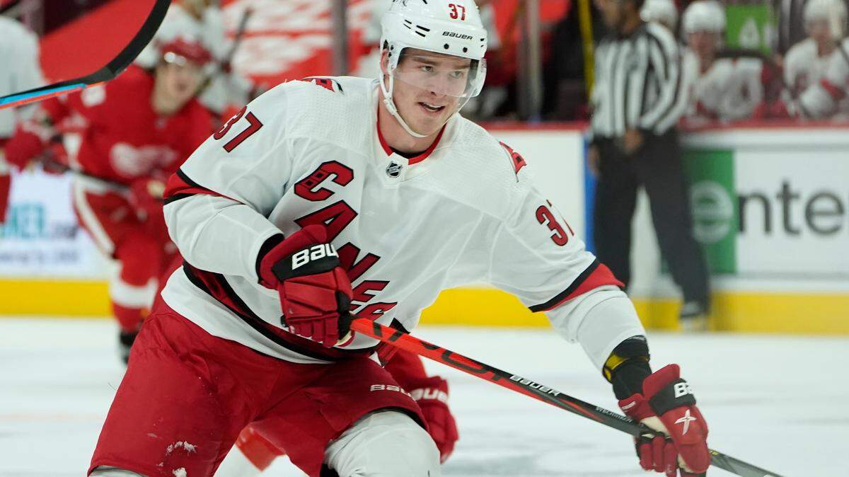 Carolina Hurricanes right wing Andrei Svechnikov (37) plays against the Detroit Red Wings in the third period of an NHL hockey game Saturday, Jan. 16, 2021, in Detroit. (AP Photo/Paul Sancya)