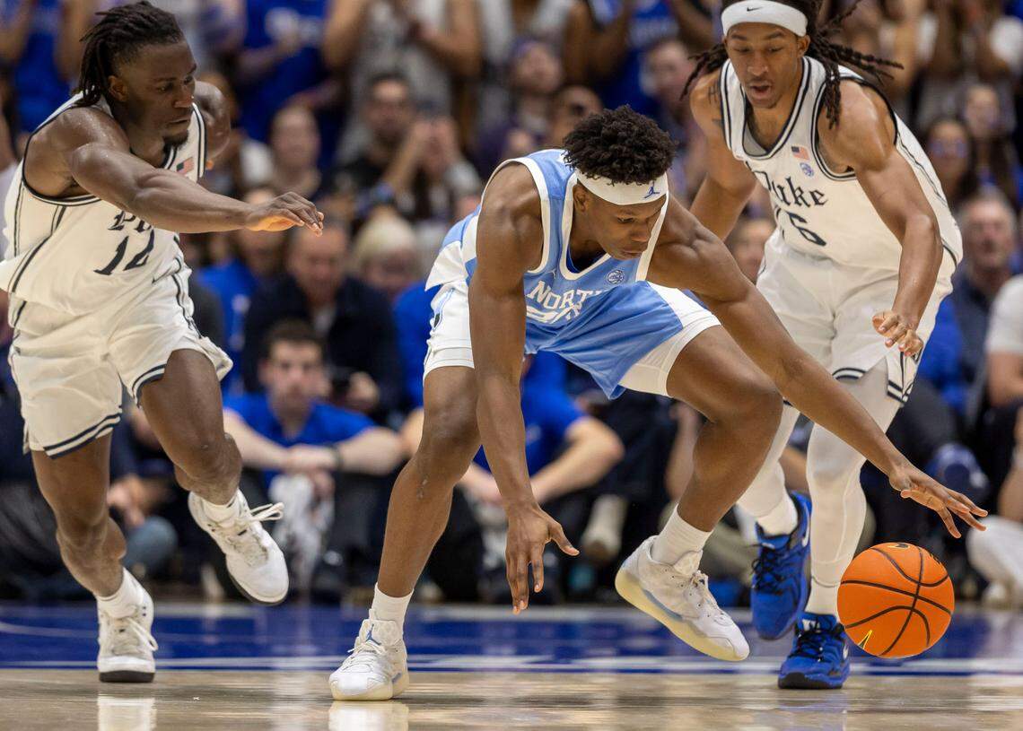 North Carolina forward Ven-Allen Lubin (22) turns the ball over in the second half against Duke on Saturday, February 1, 2025 at Cameron Indoor Stadium in Durham, N.C. The Tar Heels had 14 turnover in their 87-70 loss to Duke.